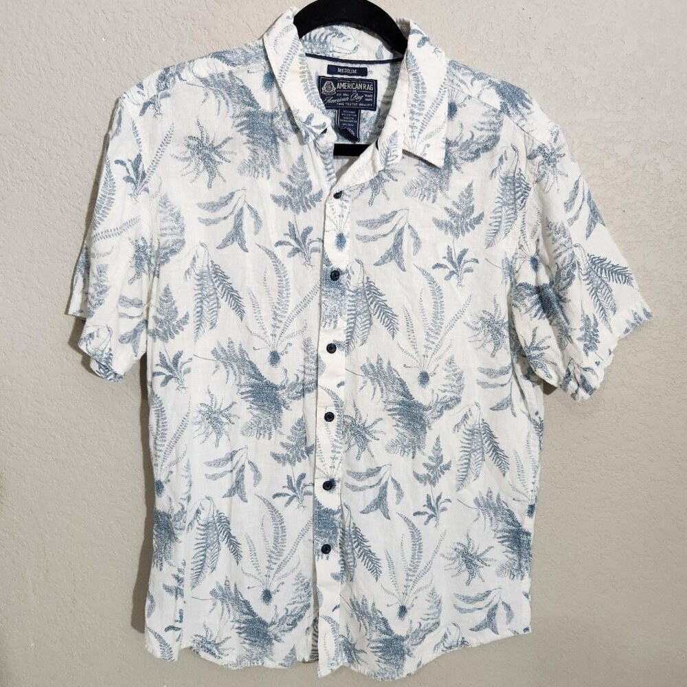 American Rag Shirt Mens Medium White Blue Button Up Short Sleeve Linen Blend